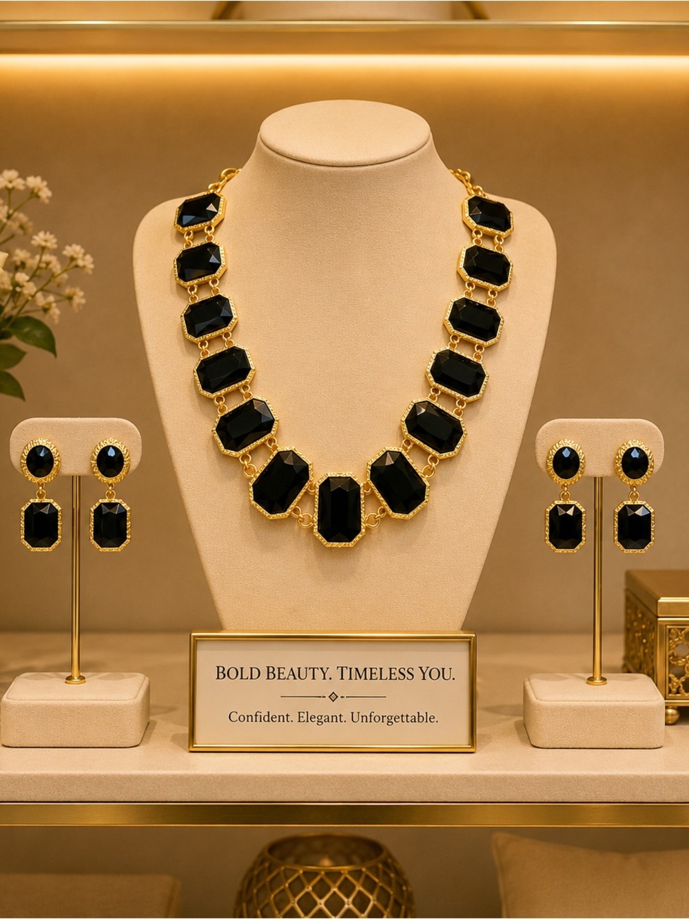 Elegant Black & Gold Statement Necklace Set - Bold Beauty